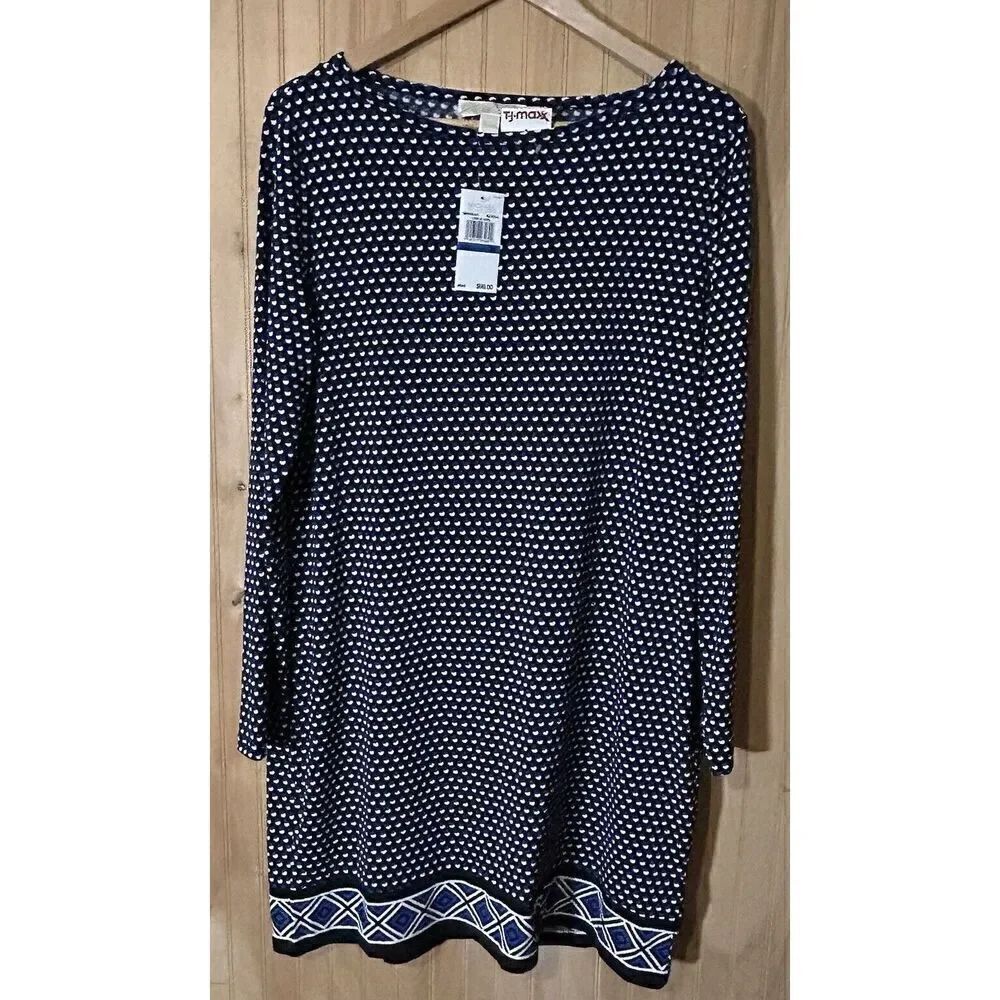 Michael Kors Stretchy Long Sleeve Dress Black Royal Blue Dot Geometric NWT XL